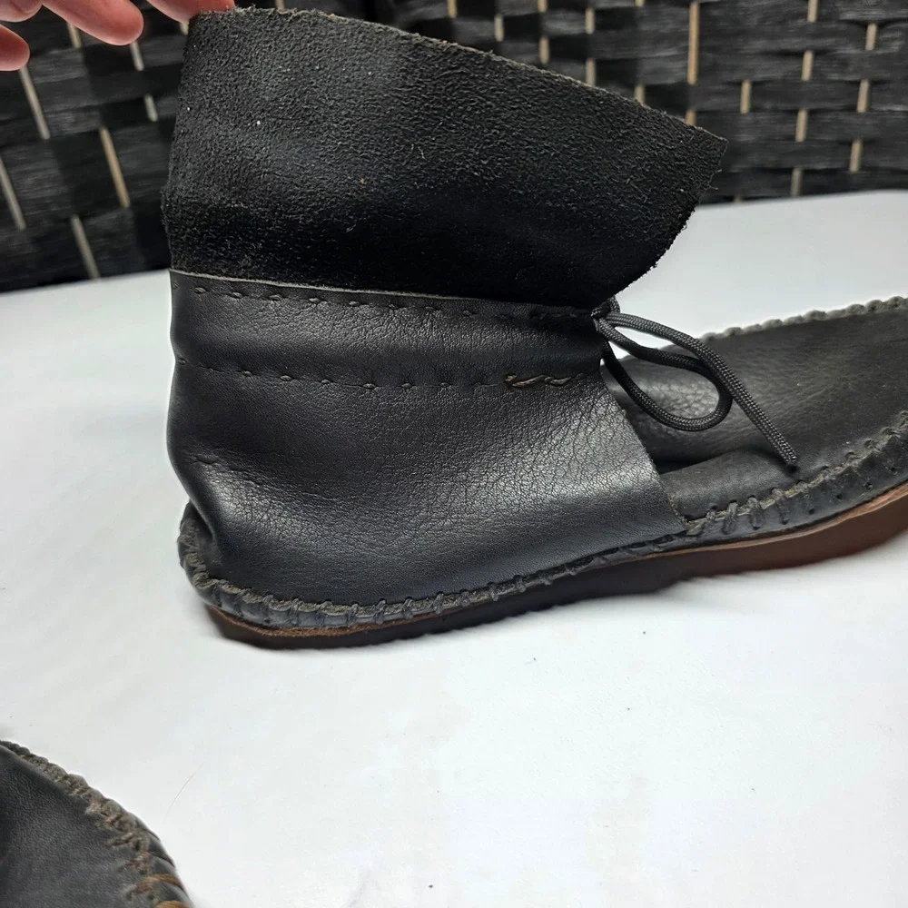 Handmade Black Leather Moccasin Boots Ankle Lace Up Whipstitch Women 9.5 Men 8